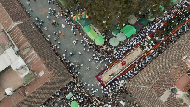 Cultural Traditions In The City Of Antigua With Andas Processional Floats During Holy Week In Guatemala. Aerial Topdown