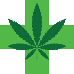 Marijuana leaf symbol, cross marijuana or hemp icon, cannabis medical sign, weed drug vector