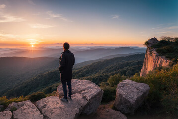 Fototapeta premium silhouette of person standing on top of mountain, A silhouette of a person standing on a cliff