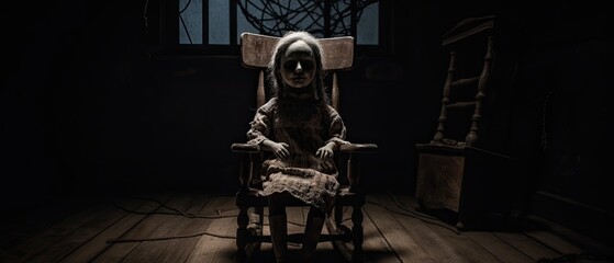 creepy doll sitting on a rocking chair in a dimly lit room with cobwebs hanging from the ceiling Generative AI