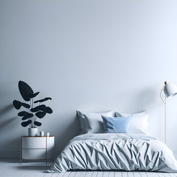 Bedroom mockup white wall background, 3d rendering realistic, milky color, bed with pillows and plants