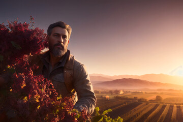 Fototapeta premium Digital painting of a senior bearded Farmer harvesting fresh Bunch of red grapes from the plant on a Sunny Day. Concept of ecological environment. Generative AI