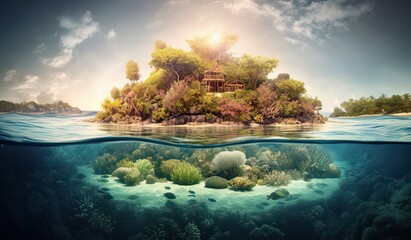 Tropical Island And Coral Reef - Split View With Waterline. Beautiful underwater view of lone small island above and below the water surface in turquoise waters of tropical ocean. Generative Ai.