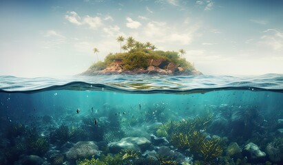 Tropical Island And Coral Reef - Split View With Waterline. Beautiful underwater view of lone small island above and below the water surface in turquoise waters of tropical ocean. Generative Ai. - obrazy, fototapety, plakaty