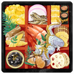 年賀状素材　お節を食べる辰