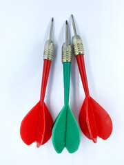 top view of colorful darts with isolated white. darts hand