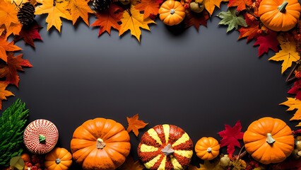 Naklejka na ściany i meble A Cozy Seasonal Arrangement of Leaves, Pumpkins, and Cinnamon on a Rustic Wood Background