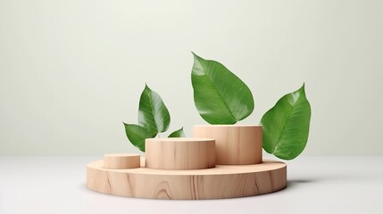 Wood podium with green leaves and natural stones, Background for cosmetic products of natural color, Generative Ai