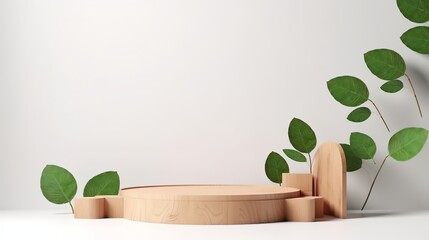 Wood podium with green leaves and natural stones, Background for cosmetic products of natural color, Generative Ai