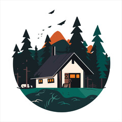 Fototapeta na wymiar Wood cabin logo template. Cabin in the woods vector illustration. Cabin rentals logo. Chalet in the forest sticker
