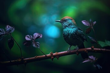 small bird standing on branch in greenery, background