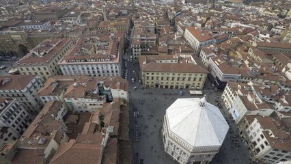 Looking down at Piazza del Duomo and baptistry from bell tower above