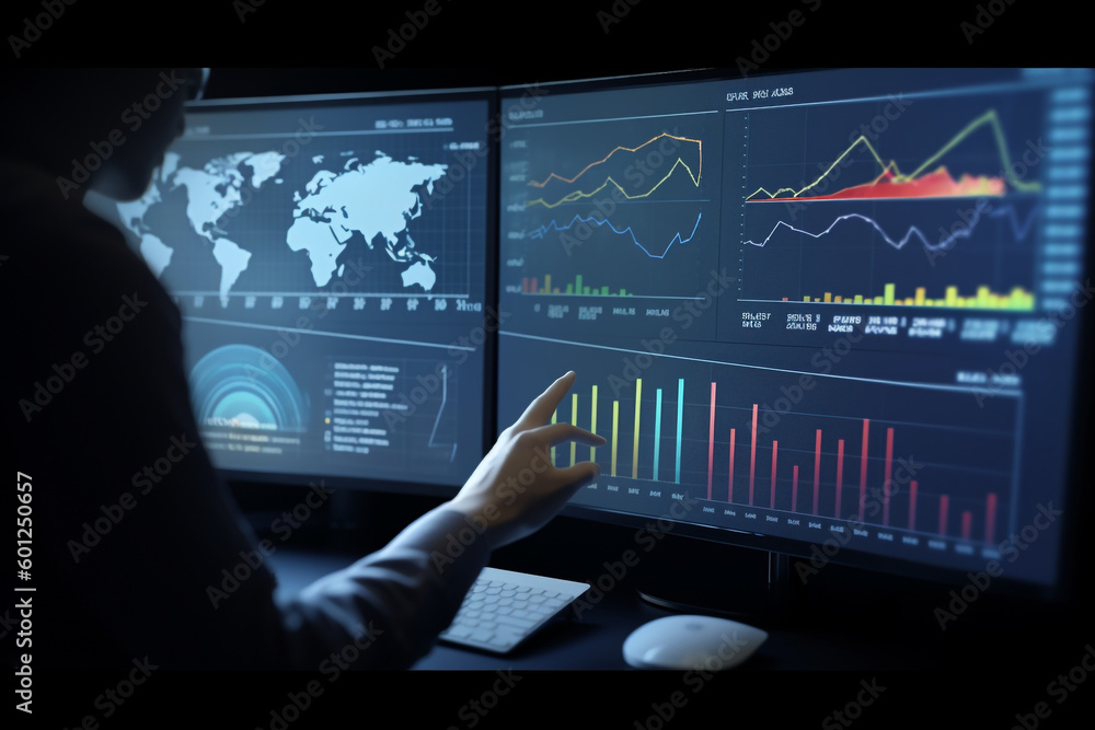 Poster person analyst working on business analytics dashboard with kpi, charts and metrics to analyze data 