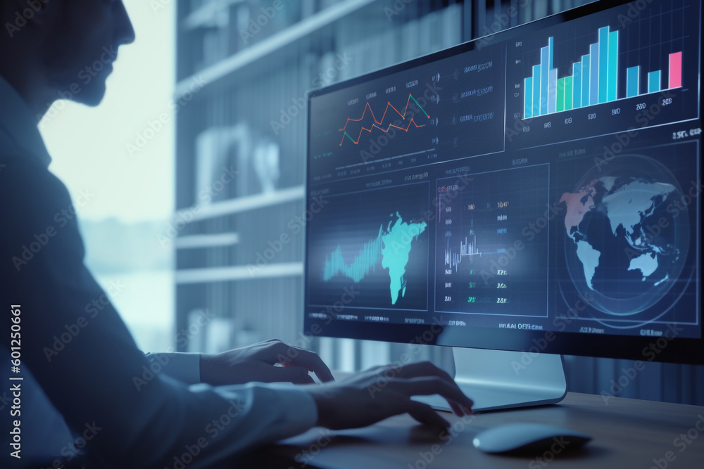 Poster analyst working on business analytics dashboard with kpi, charts and metrics to analyze data and cre