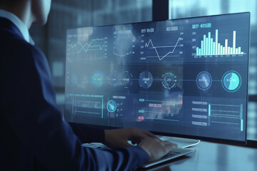 Analyst working on business analytics dashboard with KPI, charts and metrics to analyze data and create insight reports for executives and strategical decisions. Generative AI 