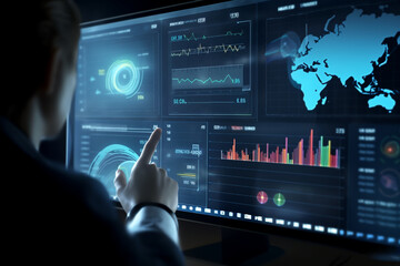 Fototapeta premium Data analyst working on business analytics dashboard with charts, metrics and KPI to analyze performance and create insight reports for operations management on virtual screen, Generative AI 