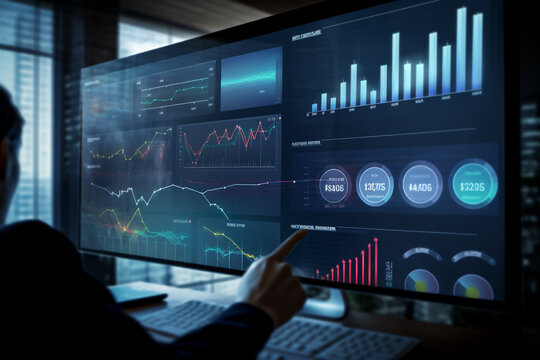 Data analyst working on business analytics dashboard with charts, metrics and KPI to analyze performance and create insight reports for operations management on virtual screen, Generative AI	