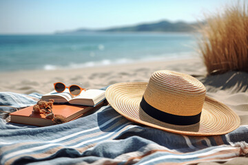 Fototapeta na wymiar Beach day essentials in summer. Straw Hat, Beach Towel, Sunglass. Generative AI.