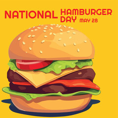 vector of big hamburger with shadow and red bold text national hamburger day may 28 isolated on yellow background