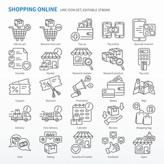 Shopping online icon set - Editable stroke. Pixel perfect vector, Thin line Icons. Same as add to cart, top up, pay online, research market, chat, wallet, map; location, delivery, feedback, etc.