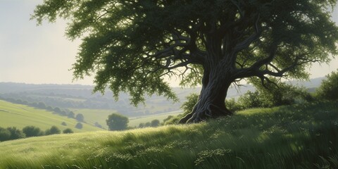 One tree in summer or spring field background