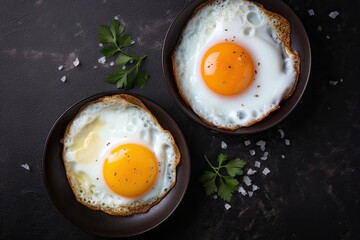 Two Plates of Fried Eggs Top Down View Generative Ai Breakfast Food