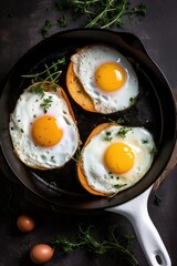 Fried Eggs on Toast with Herbs in a Black Pan Top Down View Generative Ai Breakfast Food
