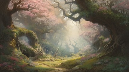 Spring sakura forest fantasy scene backgrounds