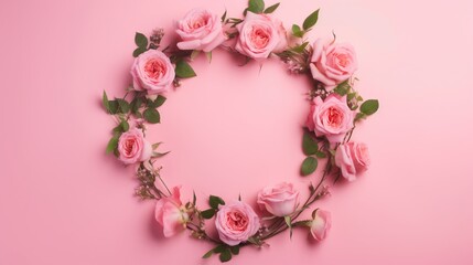 Fototapeta na wymiar pink rose wreath isolated on pink background