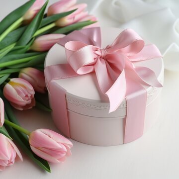 Pink tulip bouquet and gift box with silk ribbon tie backgrounds, great for mother's day event backgrounds