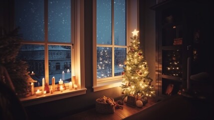 Christmas eve home, window next to a decorated christmas tree background