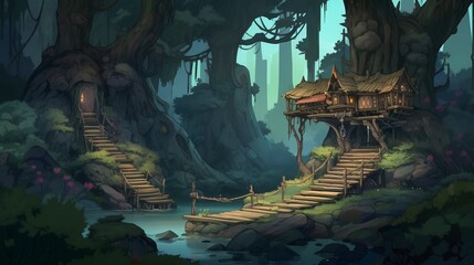 Tree home in forest background illustration, fantasy game scene concept design