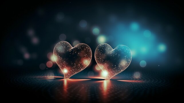 Two glowing heart shaped light on blur romantic background, great for valentine's event backgrounds.