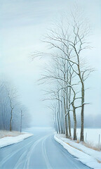 Obraz na płótnie Canvas Snowy in Rural Country Highway Road with Snow Covered Trees AI Generative