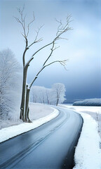 Snowy in Rural Country Highway Road with Snow Covered Trees AI Generative