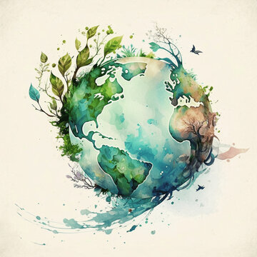 Green Planet Earth In Watercolor