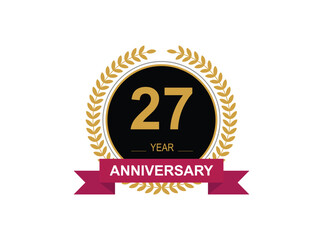 27th Anniversary Celebration. Anniversary logo design with golden color laurel wreath for birthday celebration event, invitation, greeting card, banner, poster, flyer, flyer.