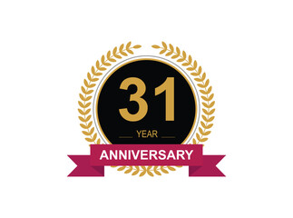 31th Anniversary Celebration. Anniversary logo design with golden color laurel wreath for birthday celebration event, invitation, greeting card, banner, poster, flyer, flyer.