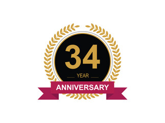 34th Anniversary Celebration. Anniversary logo design with golden color laurel wreath for birthday celebration event, invitation, greeting card, banner, poster, flyer, flyer.