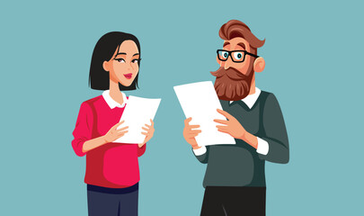 Office Workers Holding Documents Vector Cartoon Illustration. Business people reading contracts and clauses in partnership 
