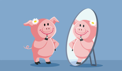 Pig Putting on Lipstick Smiling in the Mirror Vector Cartoon. Cute animal using cosmetic products to boost self confidence 
