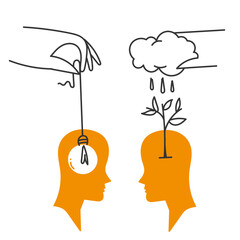 hand drawn doodle person watering plant and put idea in the head symbol for investing idea illustration