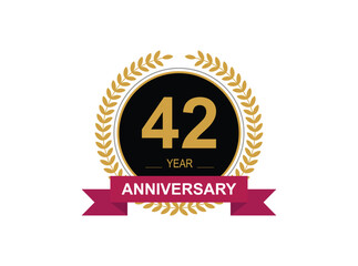 42th Anniversary Celebration. Anniversary logo design with golden color laurel wreath for birthday celebration event, invitation, greeting card, banner, poster, flyer, flyer.