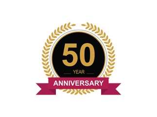 50th Anniversary Celebration. Anniversary logo design with golden color laurel wreath for birthday celebration event, invitation, greeting card, banner, poster, flyer, flyer.