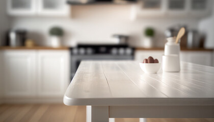 Empty wooden table with kitchen in background