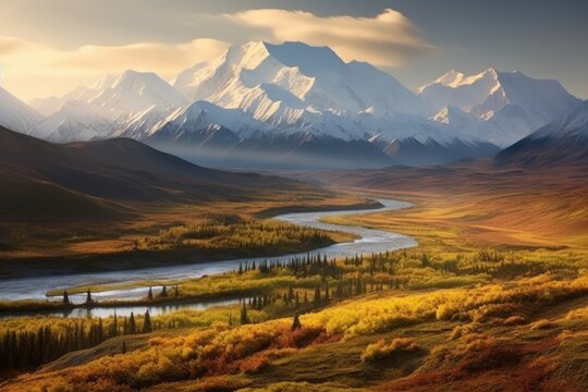 Mount Denali National Park, River Valleys and Meadows in Autumn, Stunning Scenic Landscape Wallpaper, Generative AI