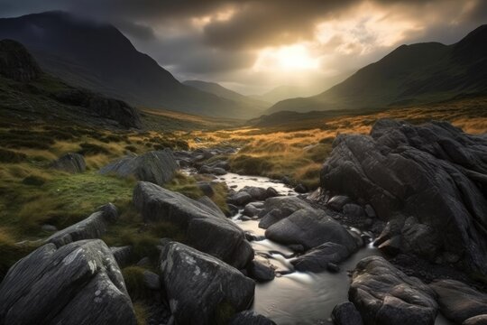 Sunrise over Snowdonia National Park, Wales, England, UK in Europe Stunning Scenic Landscape Wallpaper, Generative AI