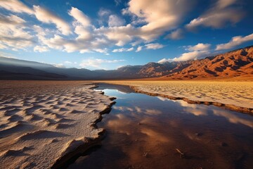 Death Valley National Park Water Puddles nd Desert at Sunset, Stunning Scenic Landscape Wallpaper, Generative AI