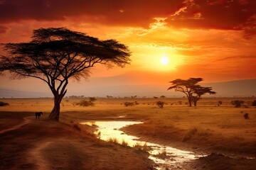 African Journey Sunset Landscape, Stunning Scenic Travel Landscape Wallpaper, Generative AI