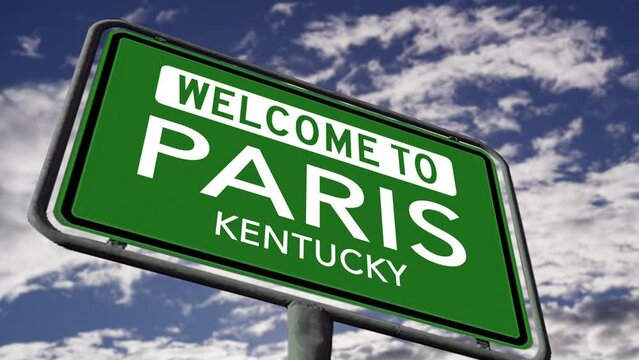 Welcome to Paris, Kentucky. US Road Sign Close Up, Realistic 3d Animation